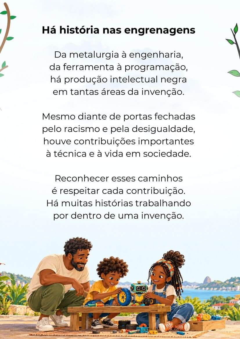 Poema Há história nas engrenagens, com um homem e duas crianças negras explorando um robô e engrenagens.